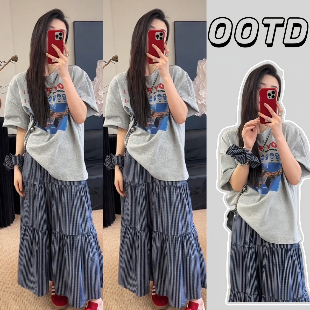 孕妇装两件套夏季短袖印花上衣孕期穿搭松紧格子发圈加半身裙套装