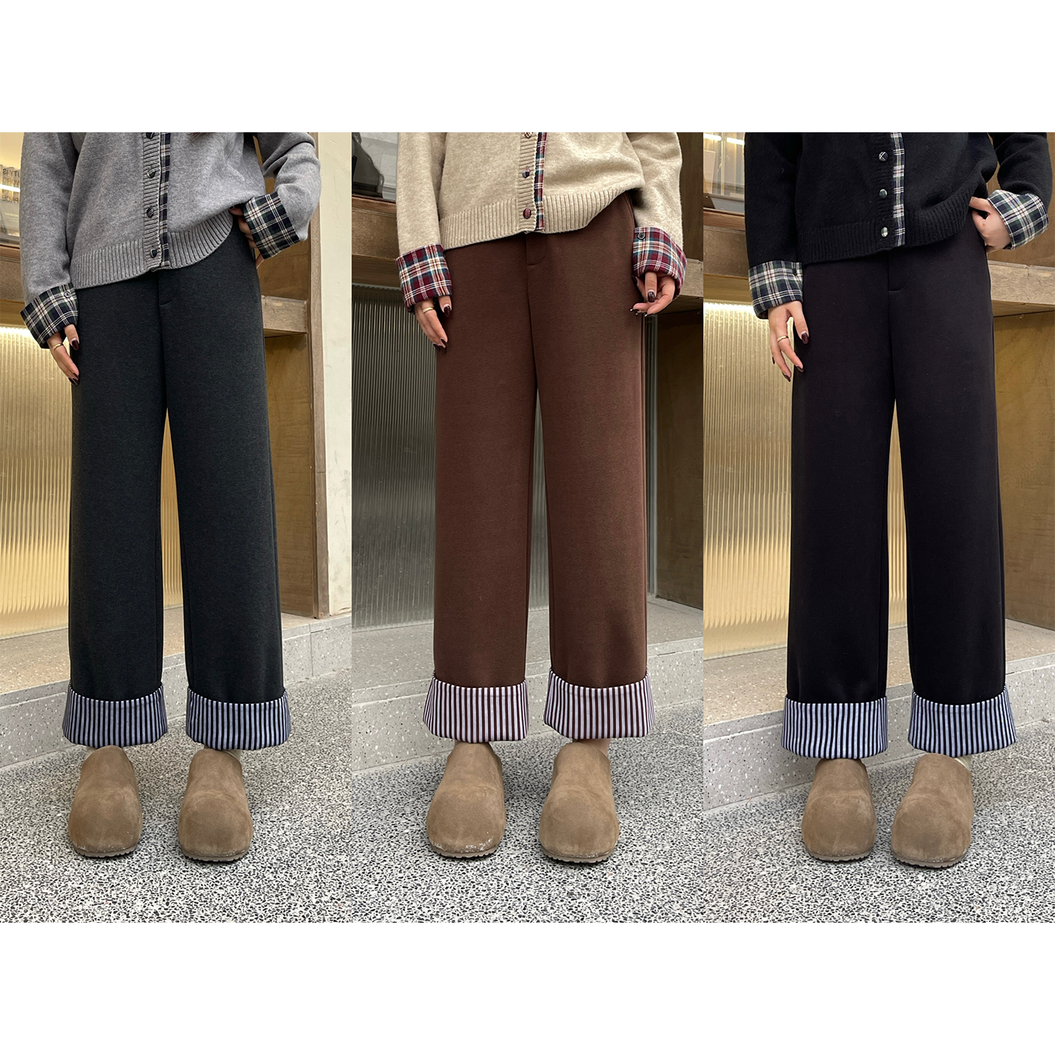 裂渡宣宣【中古暖调】微胖大码女秋时尚百搭翻边拼接针织裤ZY508A73