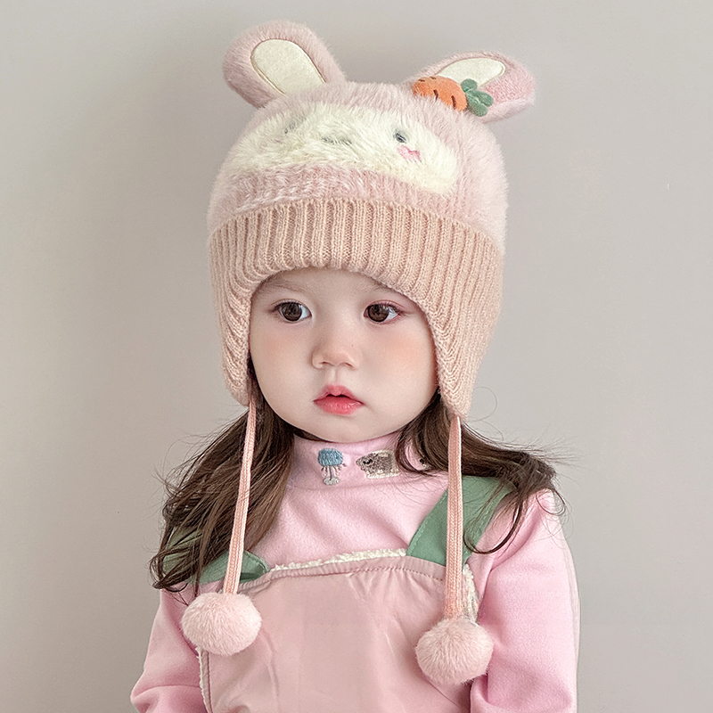 宝宝毛绒帽子冬季保暖卡通可爱儿童护耳帽加厚防风男女幼童针织帽