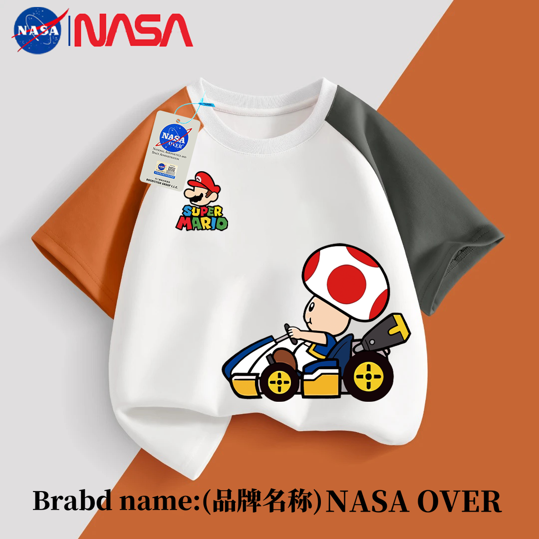 NASA联名超级玛丽男童t恤短袖2025新款夏季纯棉上衣儿童插肩衣服