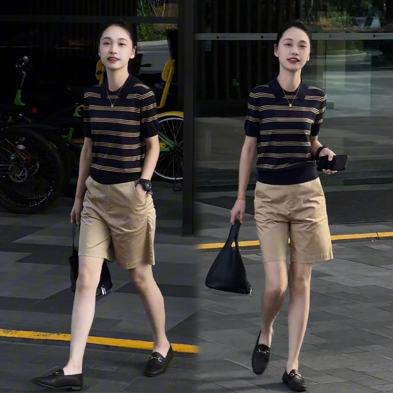 韩版轻熟风时尚穿搭一整套2025夏款小个子微胖显瘦条纹翻领短袖裤