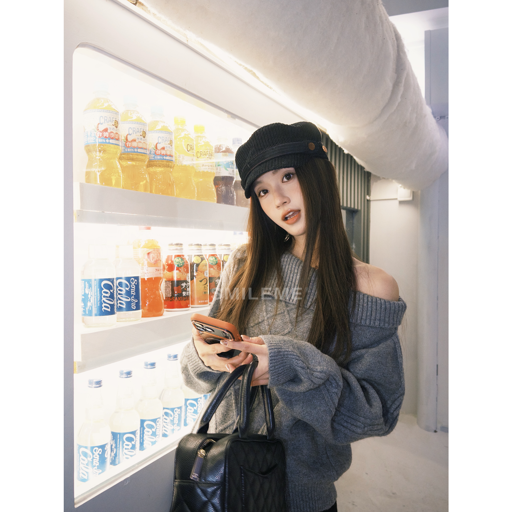 SMILEME【静默美学】秋冬气质款绵羊毛混纺一字斜肩上衣MK11925411