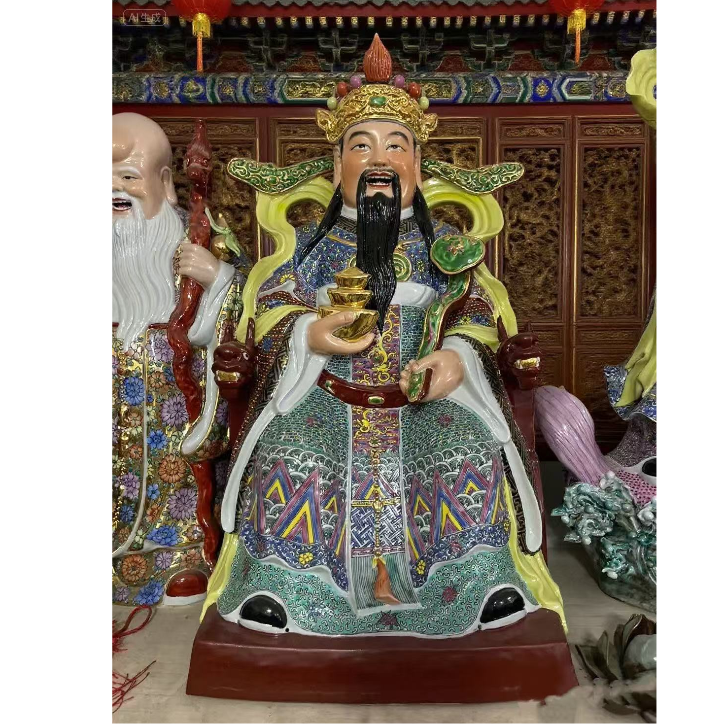 文财神景德镇雕塑瓷红衣描金如意托宝财神爷中式公司酒店招财摆件