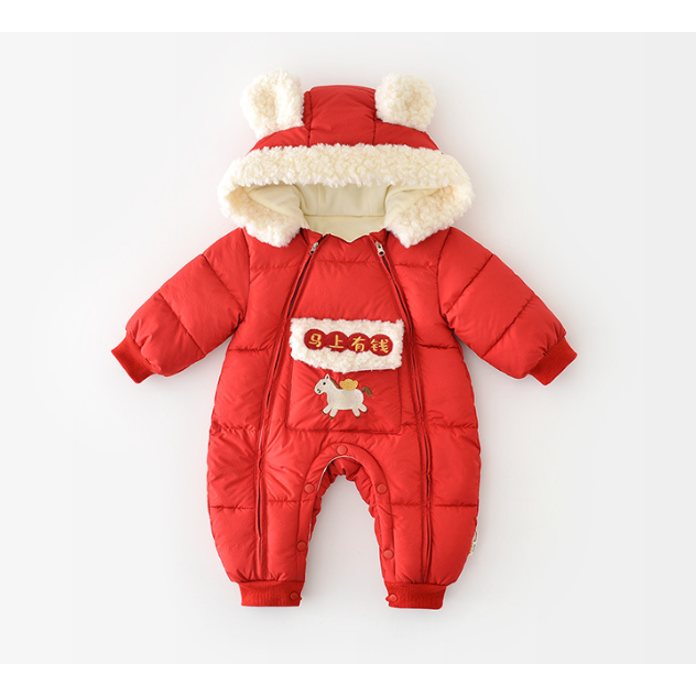 婴儿爬服2025秋冬季新款宝宝加绒加厚刺绣儿童连帽连体衣哈衣潮流
