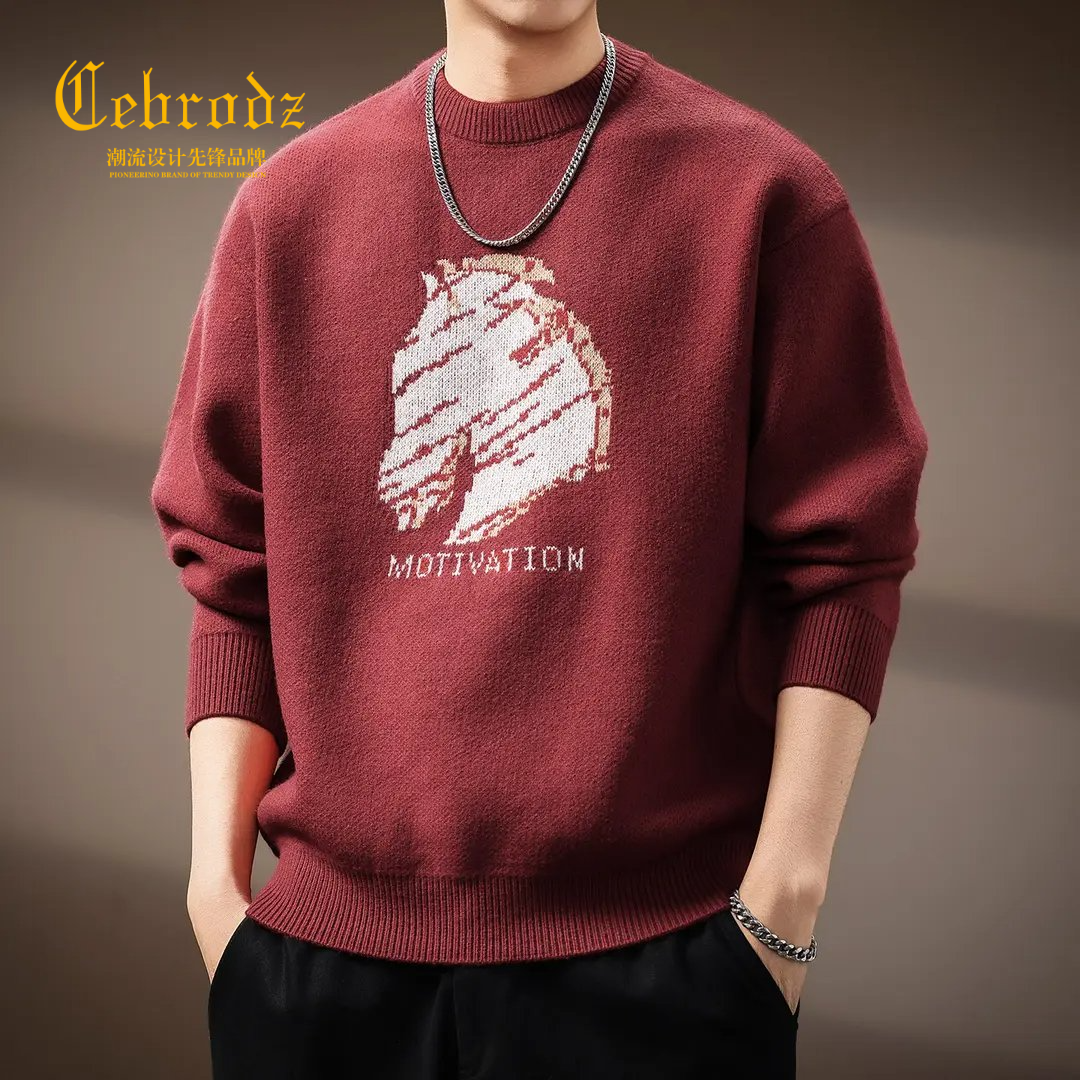 法国Cebrodz秋马头印花圆领毛衣男休闲打底针织衫上衣宽松长袖