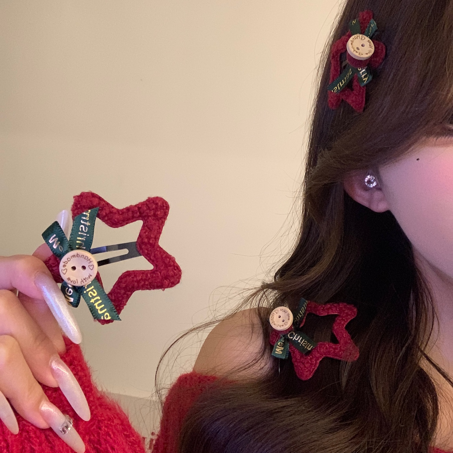 新年红色毛绒星星发夹蝴蝶结刘海BB夹侧边碎发夹发卡圣诞头饰发饰