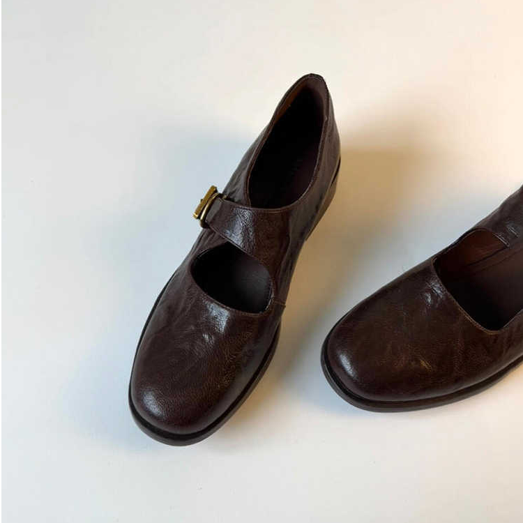 牛皮版~复古黑色通勤玛丽珍鞋女圆头粗跟真皮百搭一字扣带小皮鞋