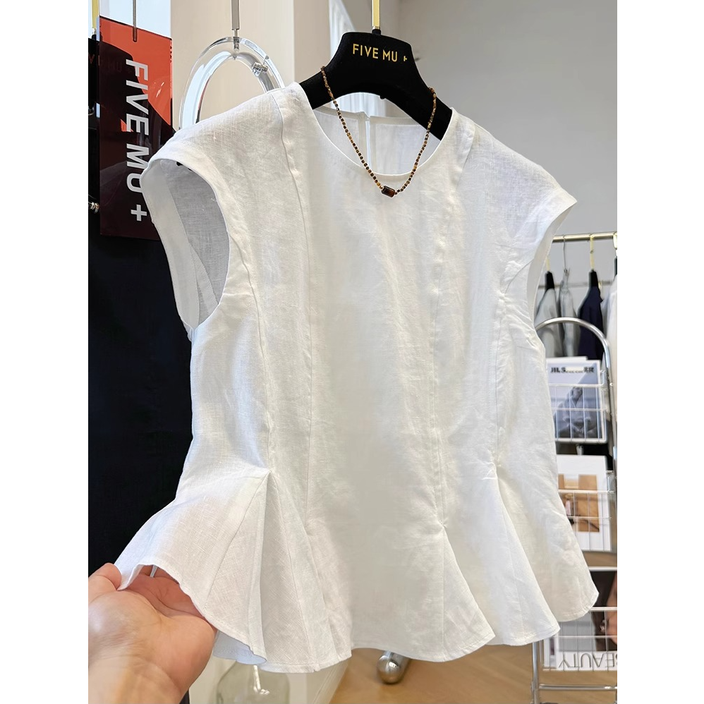 韩系洋气小裙摆圆领无袖小衫女夏季高端亚麻坎肩外穿马甲背心上衣