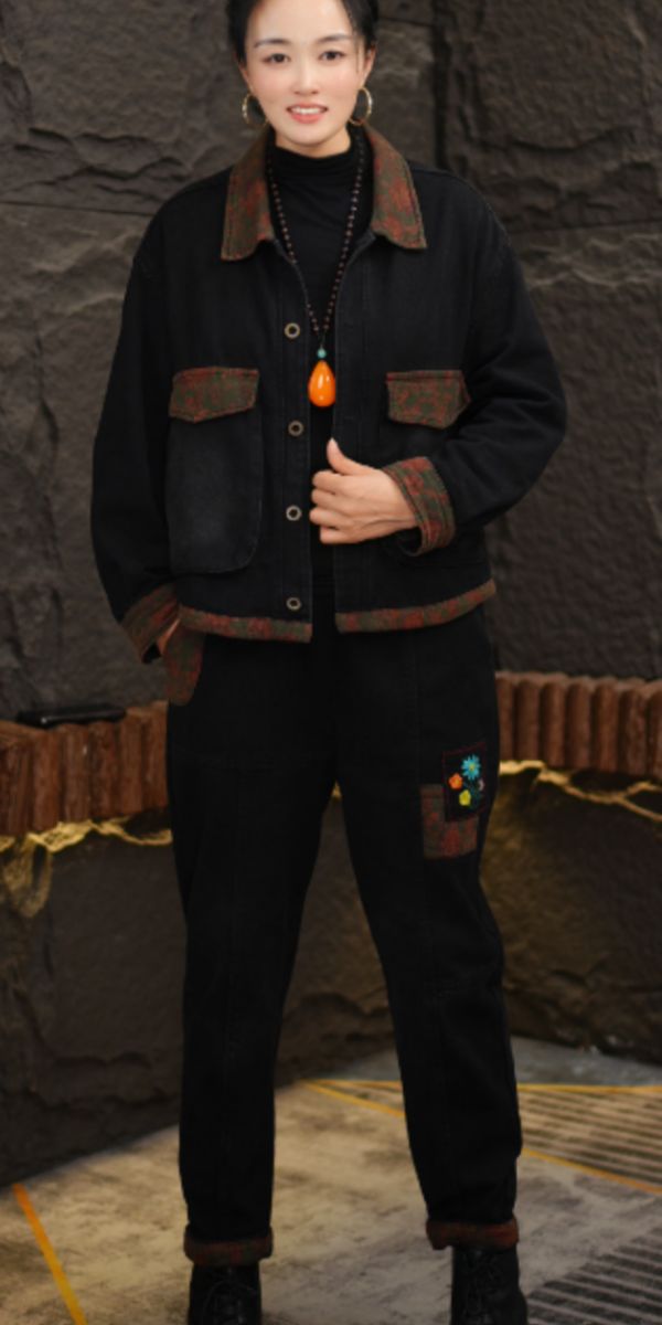 3185早春新款高温砂洗软牛仔套装宽松休闲拼接时尚中老年妈妈套装