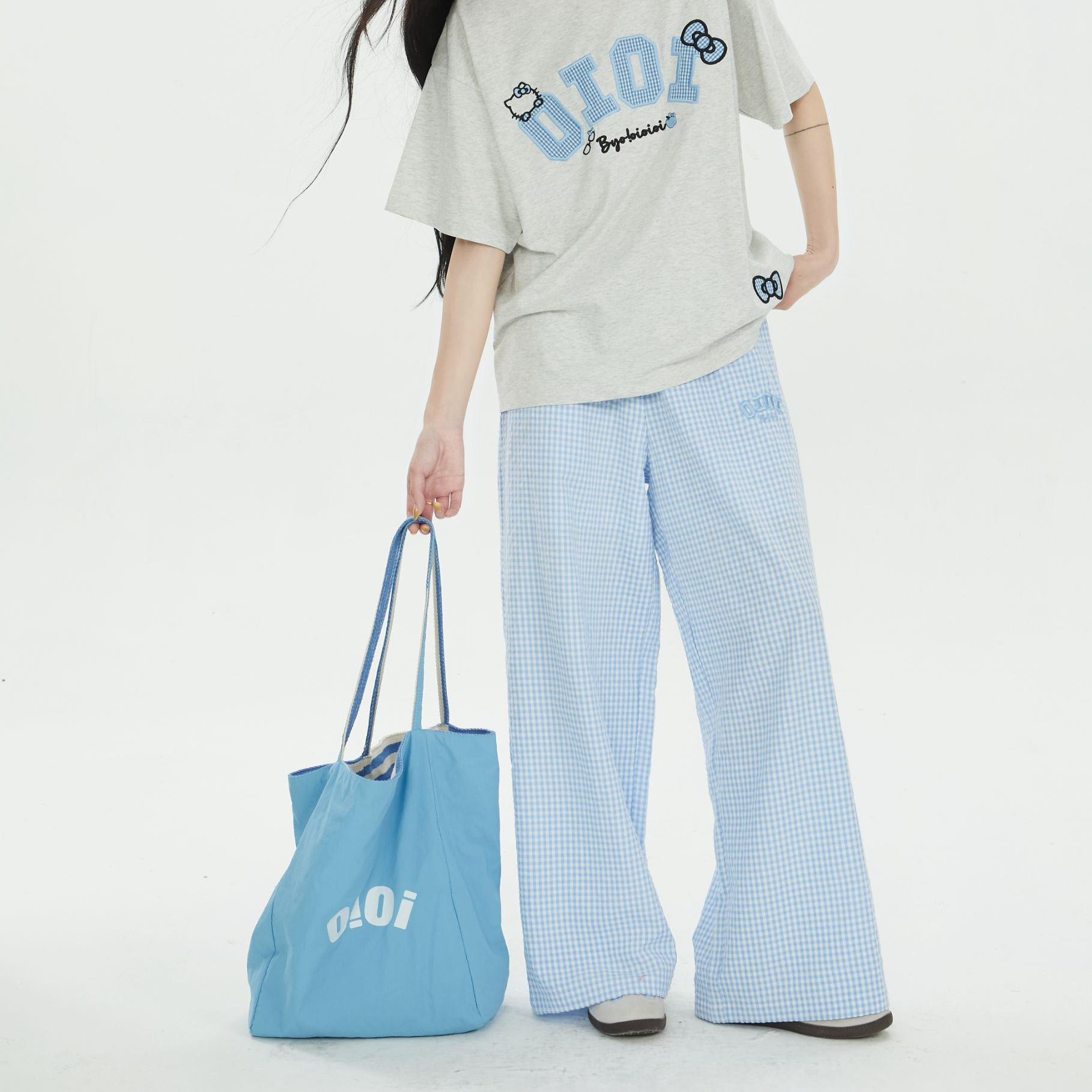 byo!oi OIOI学院风夏季新款慵懒风格子阔腿裤宽松显瘦情侣休闲裤