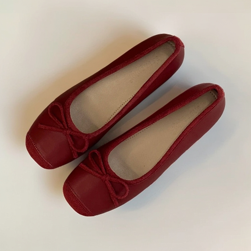 小个子内增高5cm拼接圆头蝴蝶结一字软底芭蕾舞女红色单鞋