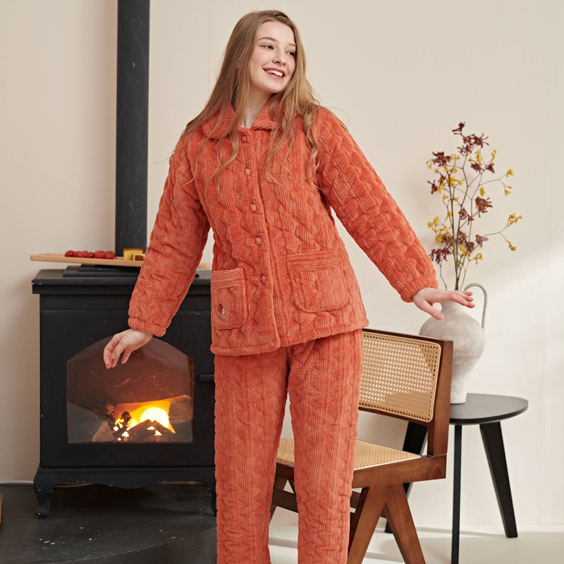 【精选】姬玛冬季三层加绒加厚夹棉保暖女士家居服睡衣套装219628