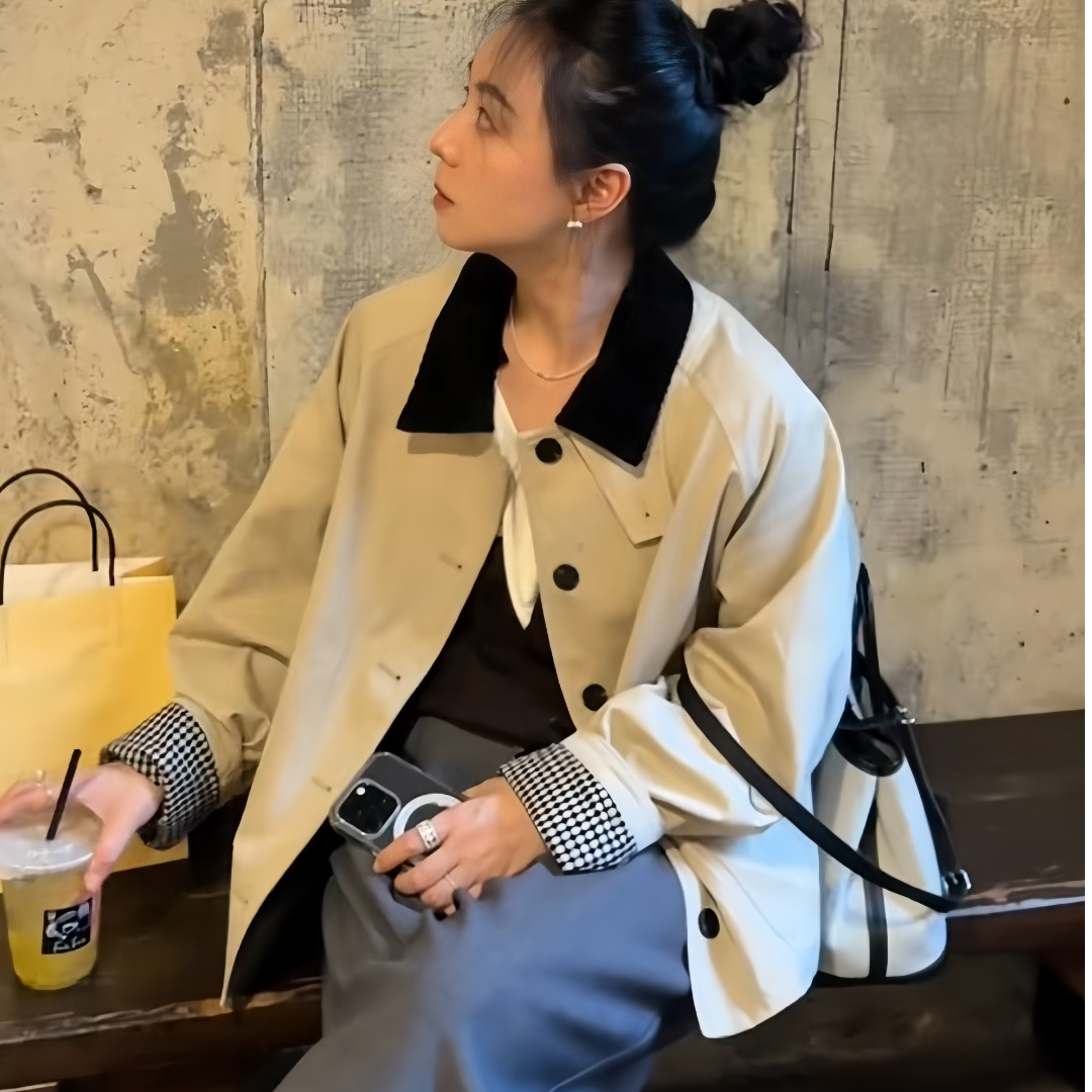 秋季新款复古休闲洋气短款风衣外套女2025年气质拼接显瘦宽松外套