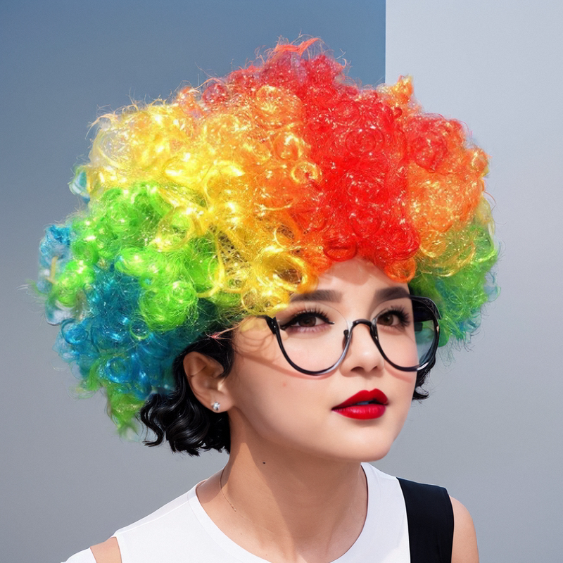爆炸头头套搞笑小丑表演直播道具彩色头发套成人球迷假发男女d1