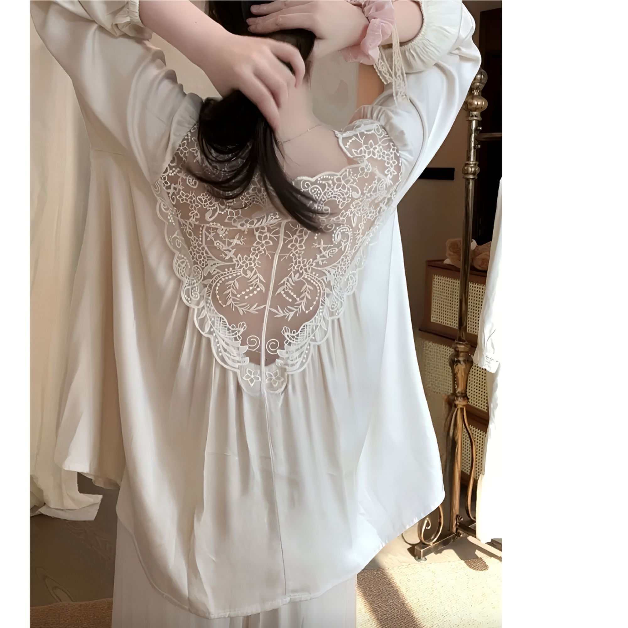 睡衣女春秋季长袖高级感轻奢蕾丝超柔软贡缎棉刺绣镂空家居服套装