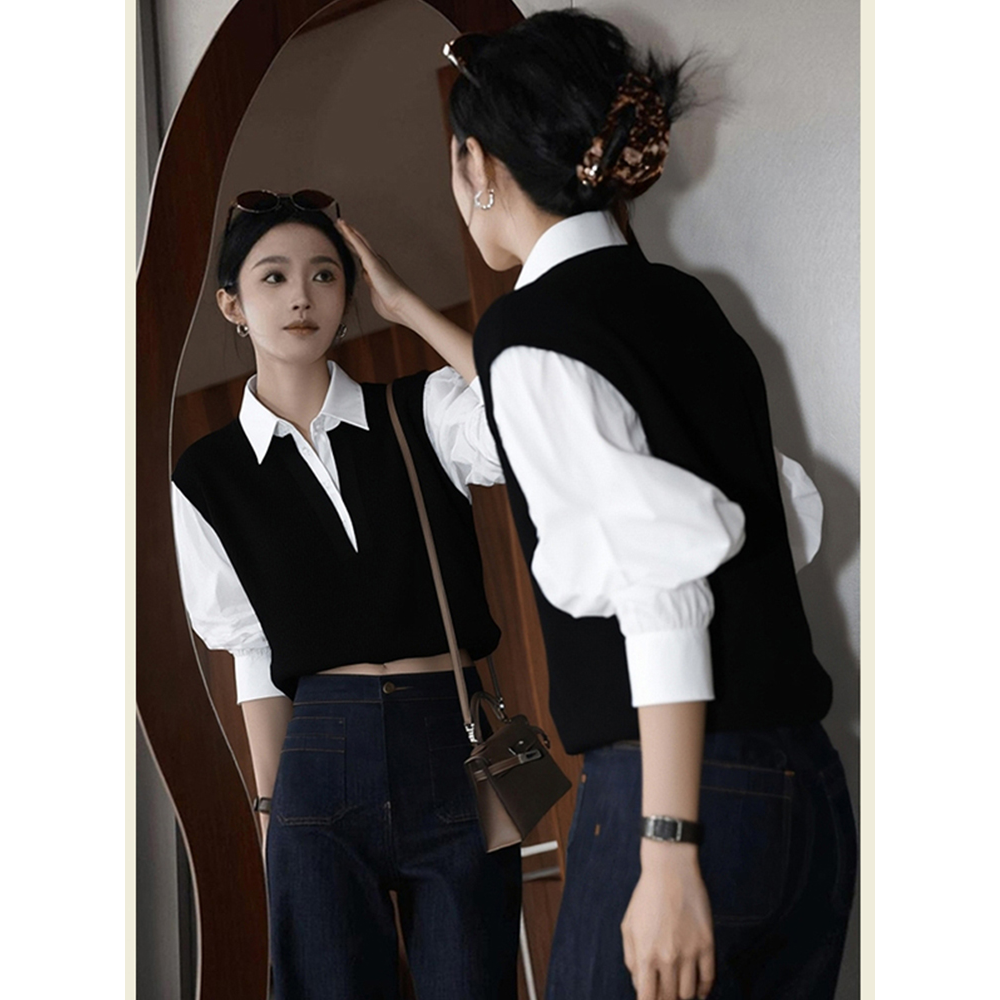 秋季小众不撞款独特别致绝美上衣高级感超好看拼接假两件针织衫女