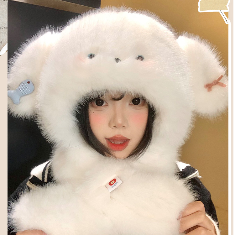 可爱小狗耳朵毛绒帽子围巾一体女秋冬季加厚保暖防寒护耳雷锋帽子
