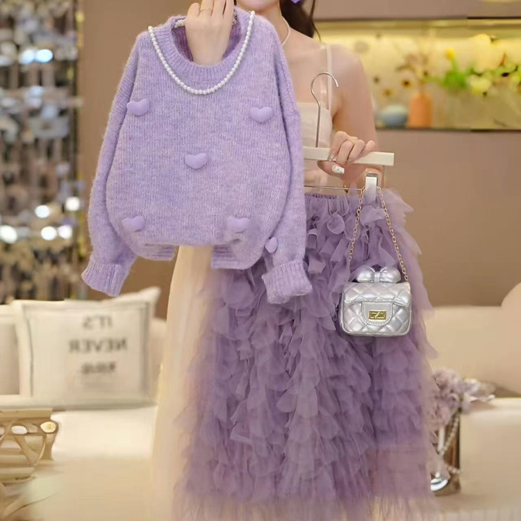 现货爆款女童秋装2025秋季新款小香风爱心针织衫泡泡裙套装千金风