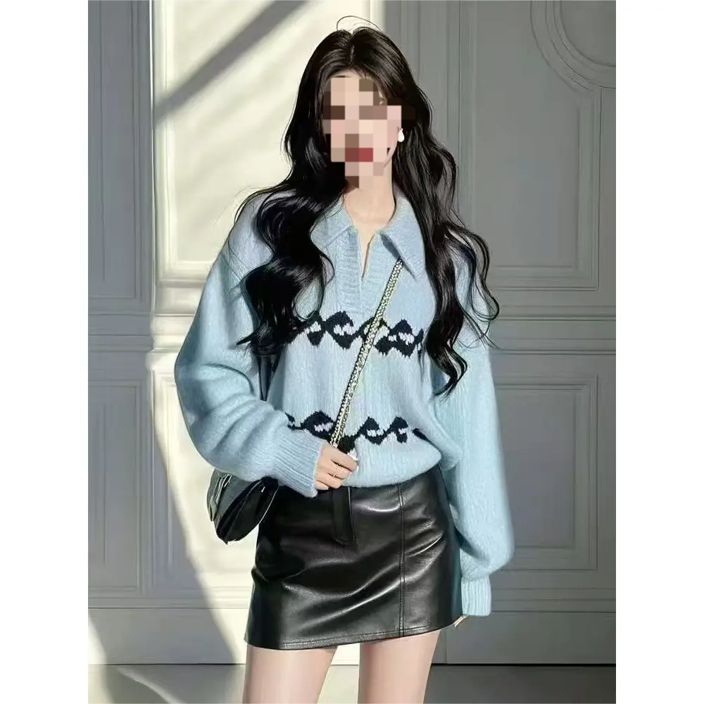 2025新款韩系高级感超好看上衣蓝色polo领宽松豹纹针织毛衣女早春