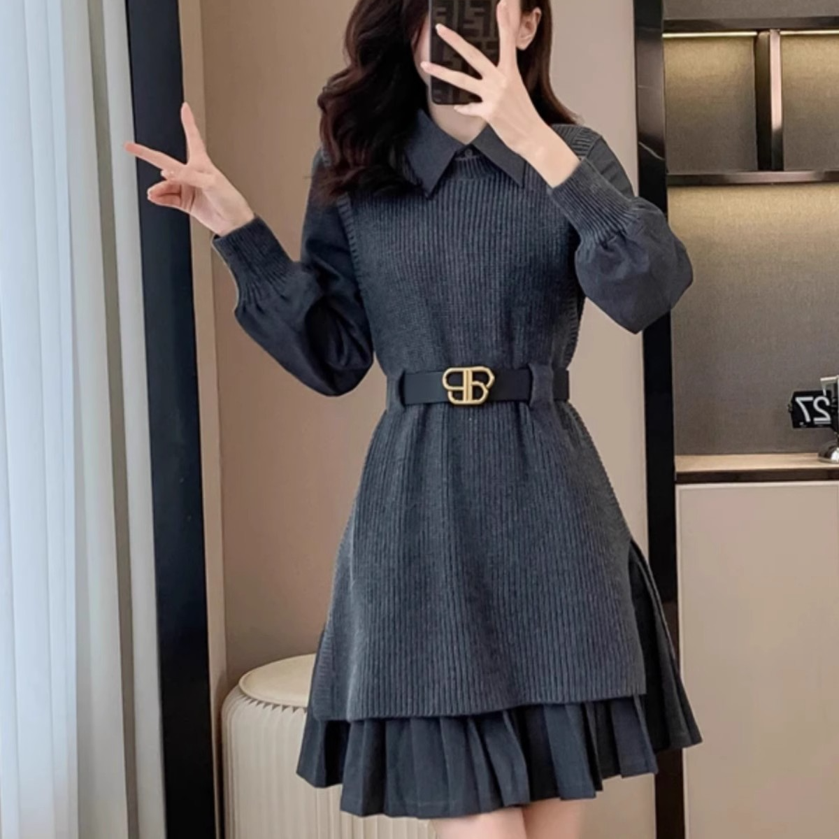 赫本风连衣裙套装女2024新款气质高级感收腰显瘦针织两件套秋冬