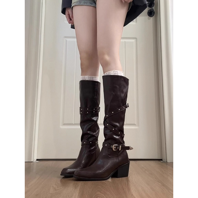 牛皮版~粗跟铆钉皮带扣长筒靴女辣妹骑士靴高筒靴秋冬西部牛仔靴