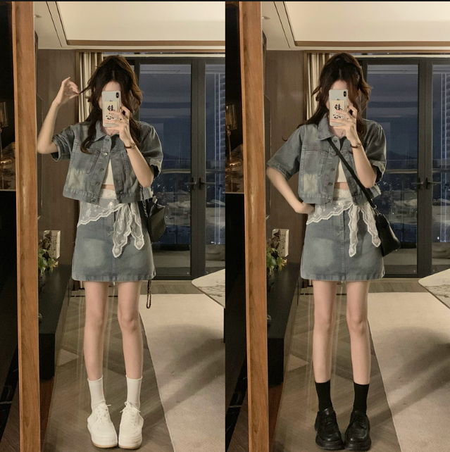 大码牛仔套装夏季港风短袖翻领外套+高腰半身短裙两件套小个子