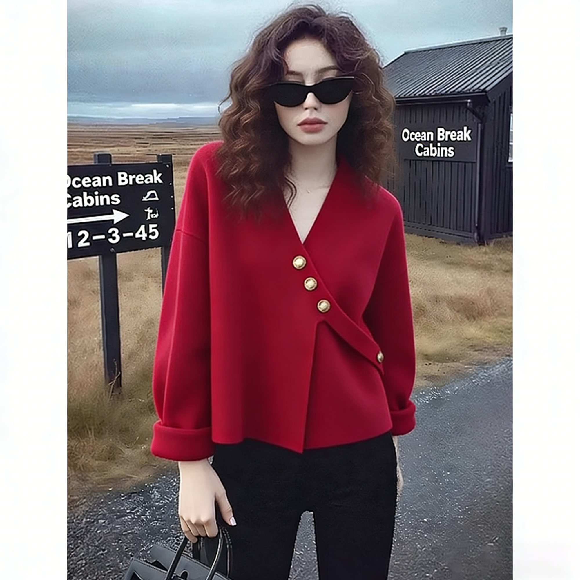 新年红色2025新款不规则毛衣外套女秋冬慵懒宽松显瘦收腰针织开衫