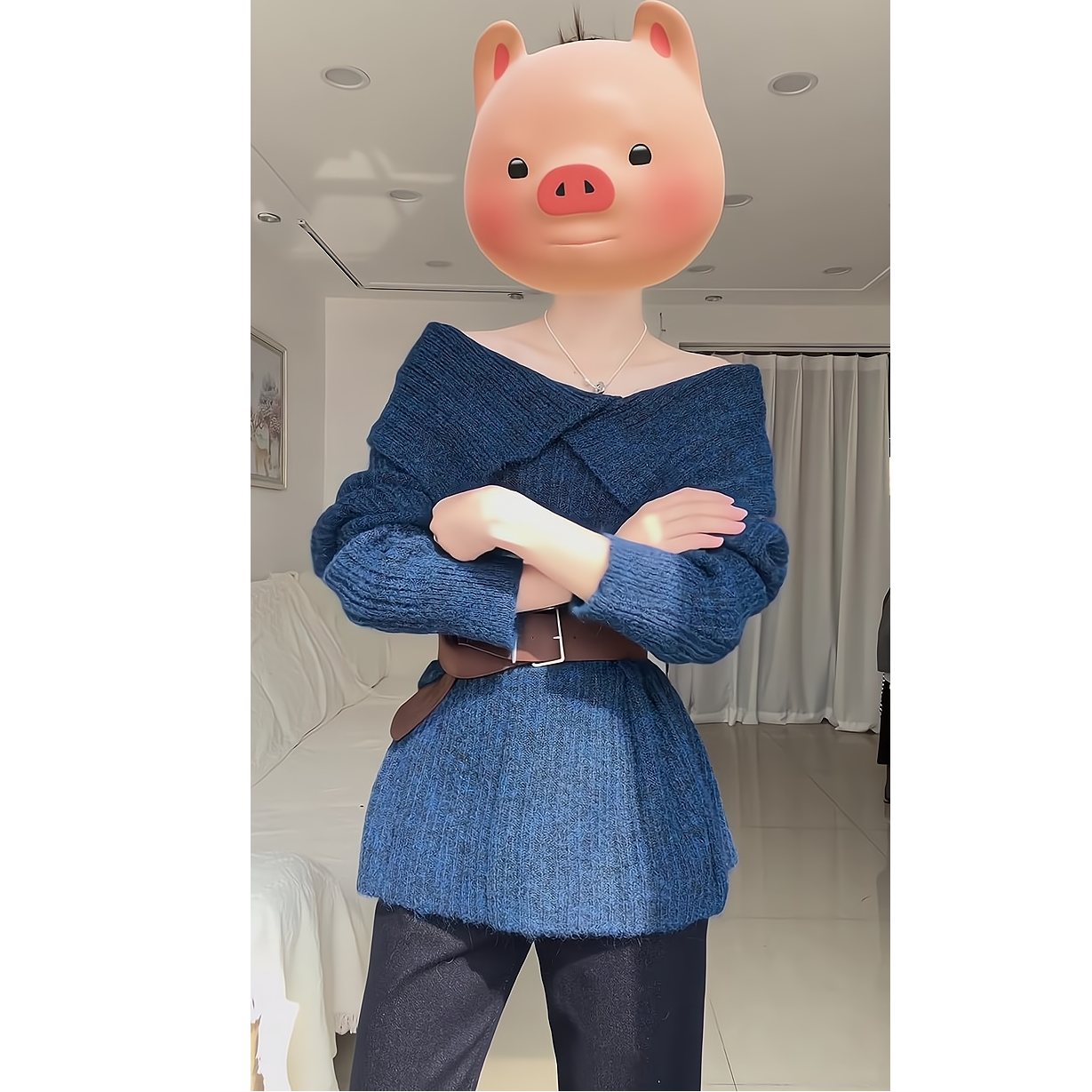 温柔风一字肩翻领配腰带慵懒风毛衣中长款毛衫上衣显瘦直筒阔腿裤