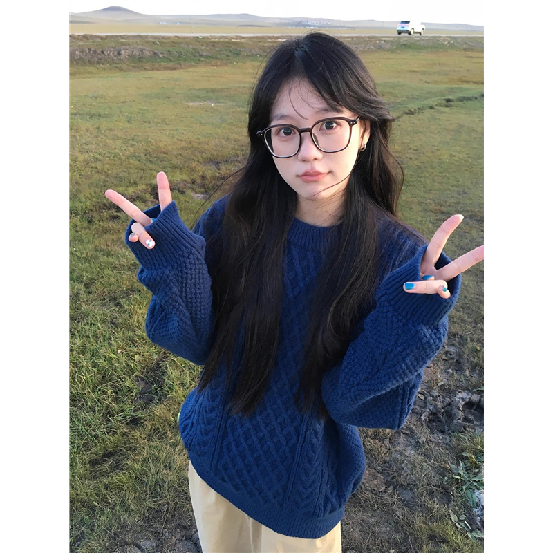 藏青色麻花毛衣男女款秋冬季潮牌ins慵懒针织衫cleanfit情侣上衣