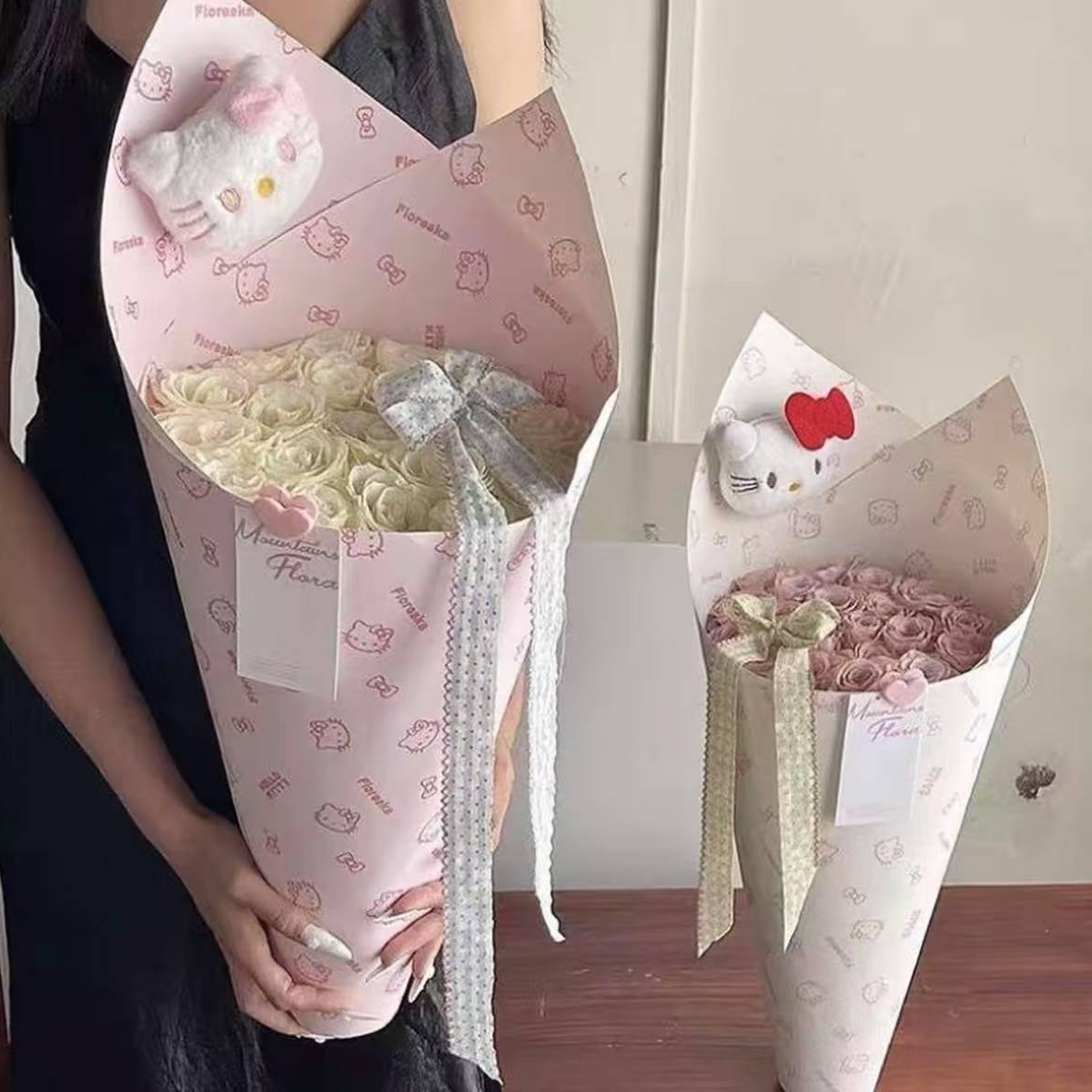 七夕限定HELLOKitty包装纸玫瑰冰淇淋桶包装纸花束材料鲜花资材