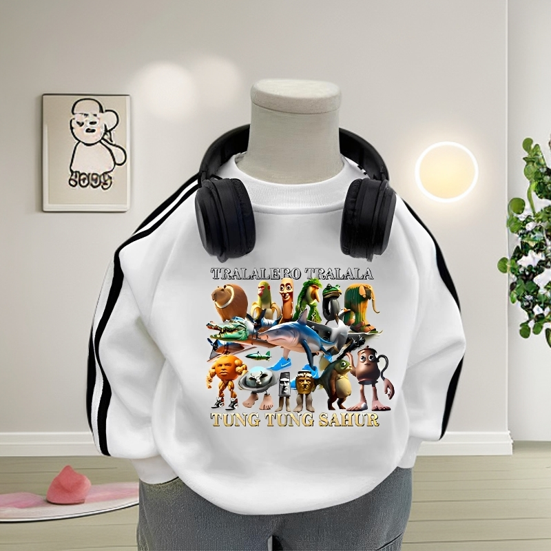 洋气新款潮酷山海经秋冬纯棉加绒痞帅童装儿童上衣三条杠T桖长袖