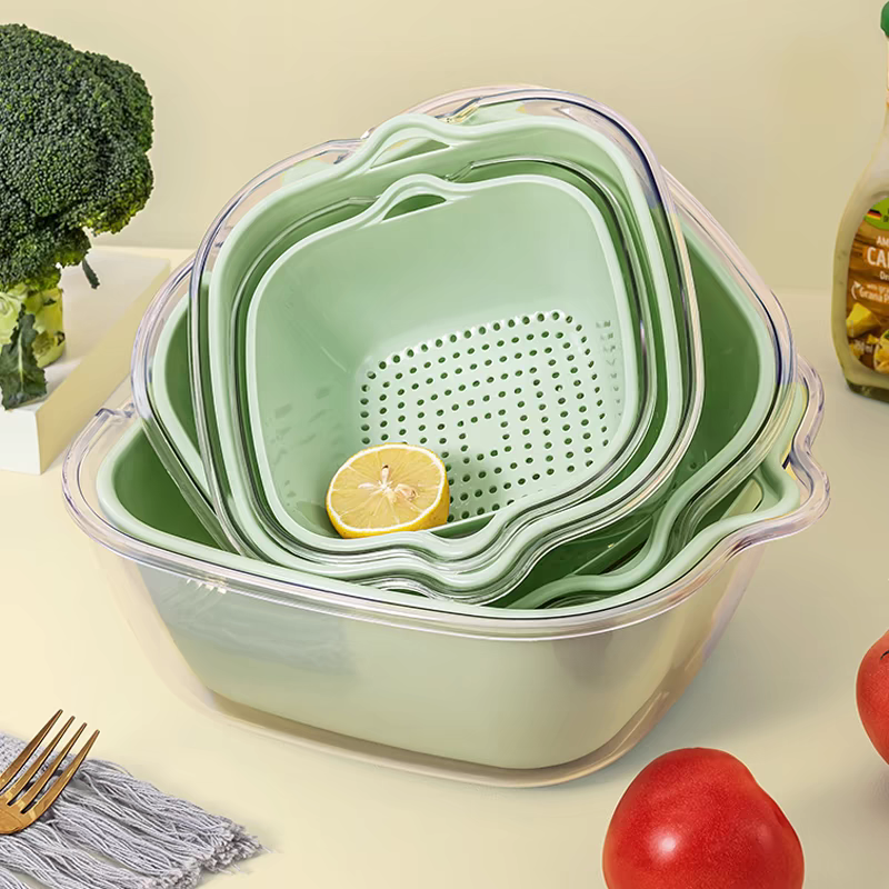 新款简约双层洗菜盆厨房多功能沥水篮镂空塑料加厚淋水筐菜篮子