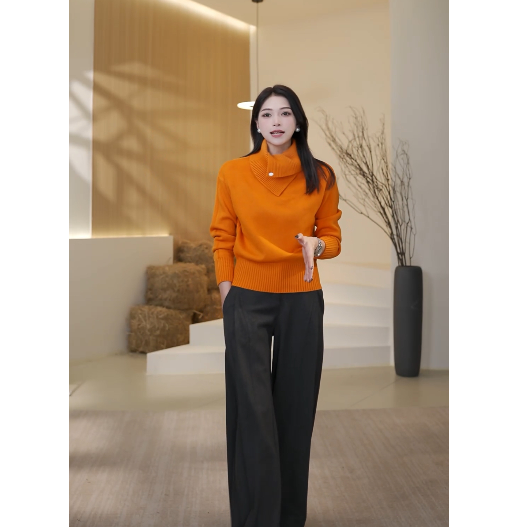 【LIULIU定制】不规则设计感翻领加厚毛衣2025秋冬新款百搭上衣女