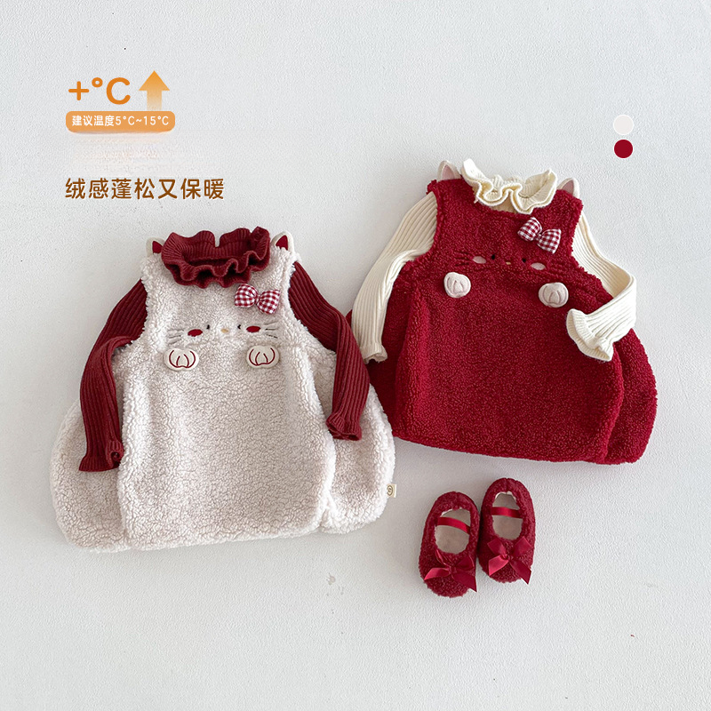 abnn女童纯色拜年服冬季女宝宝加厚连衣裙红色毛衣儿童裙子