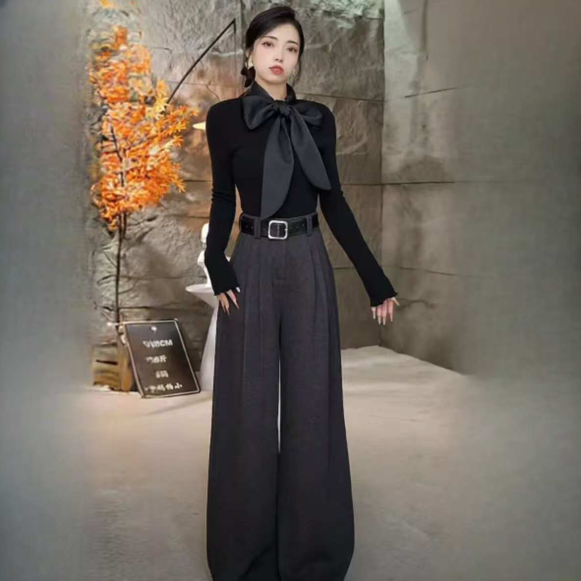 【冬款毛呢】双面毛呢高腰阔腿裤女拖地裤加厚秋冬款2025送皮带