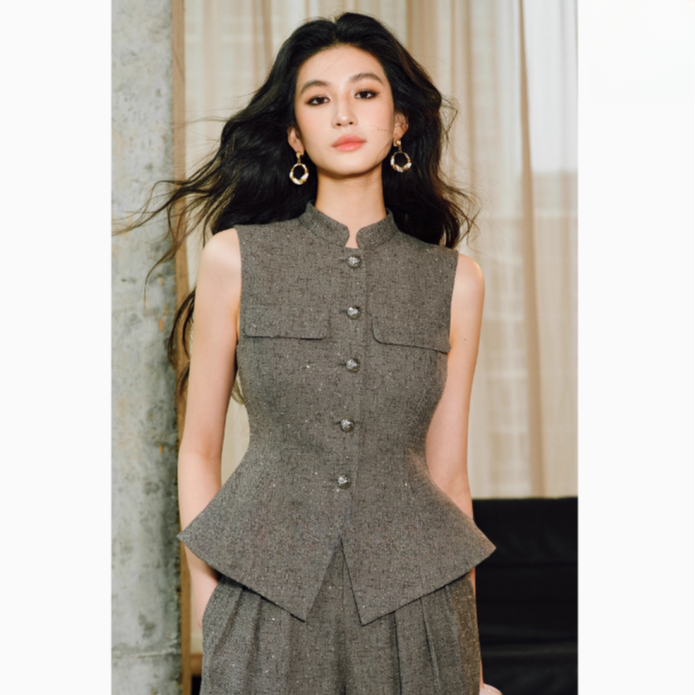 2988夏季无袖高级感灰色套装女上衣阔腿裤气质小众设计感两件套女