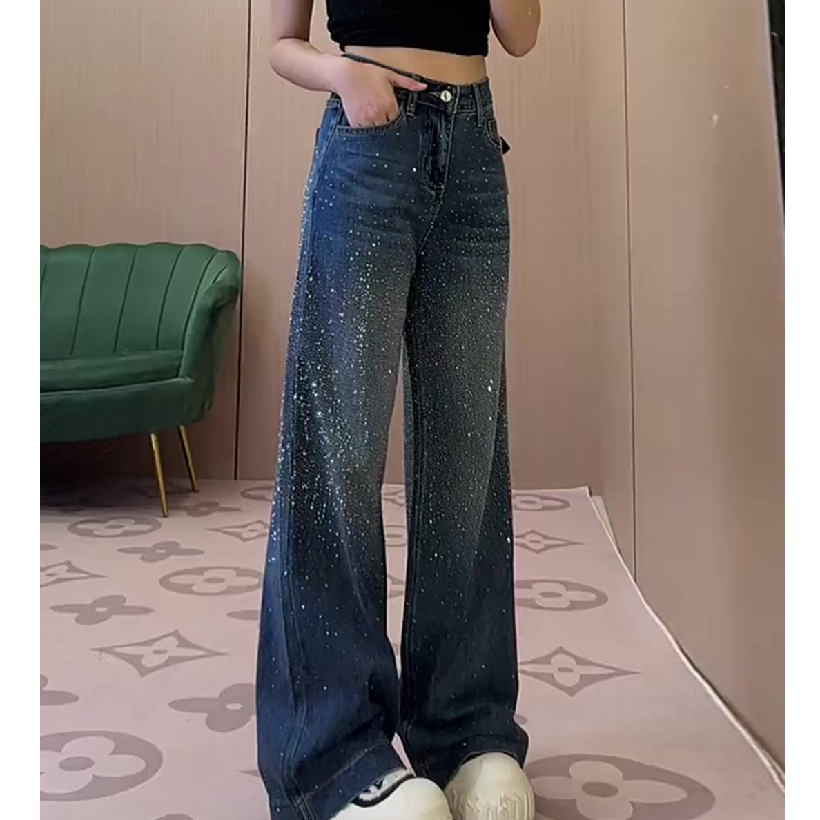 冬季厚绒高腰直筒高级感高弹长裤牛仔裤大码胖mm烫钻渐变直筒裤女