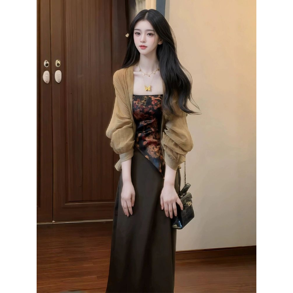 入夏穿搭一整套大码胖mm新中式清冷感开衫吊带半身裙改良旗袍套装