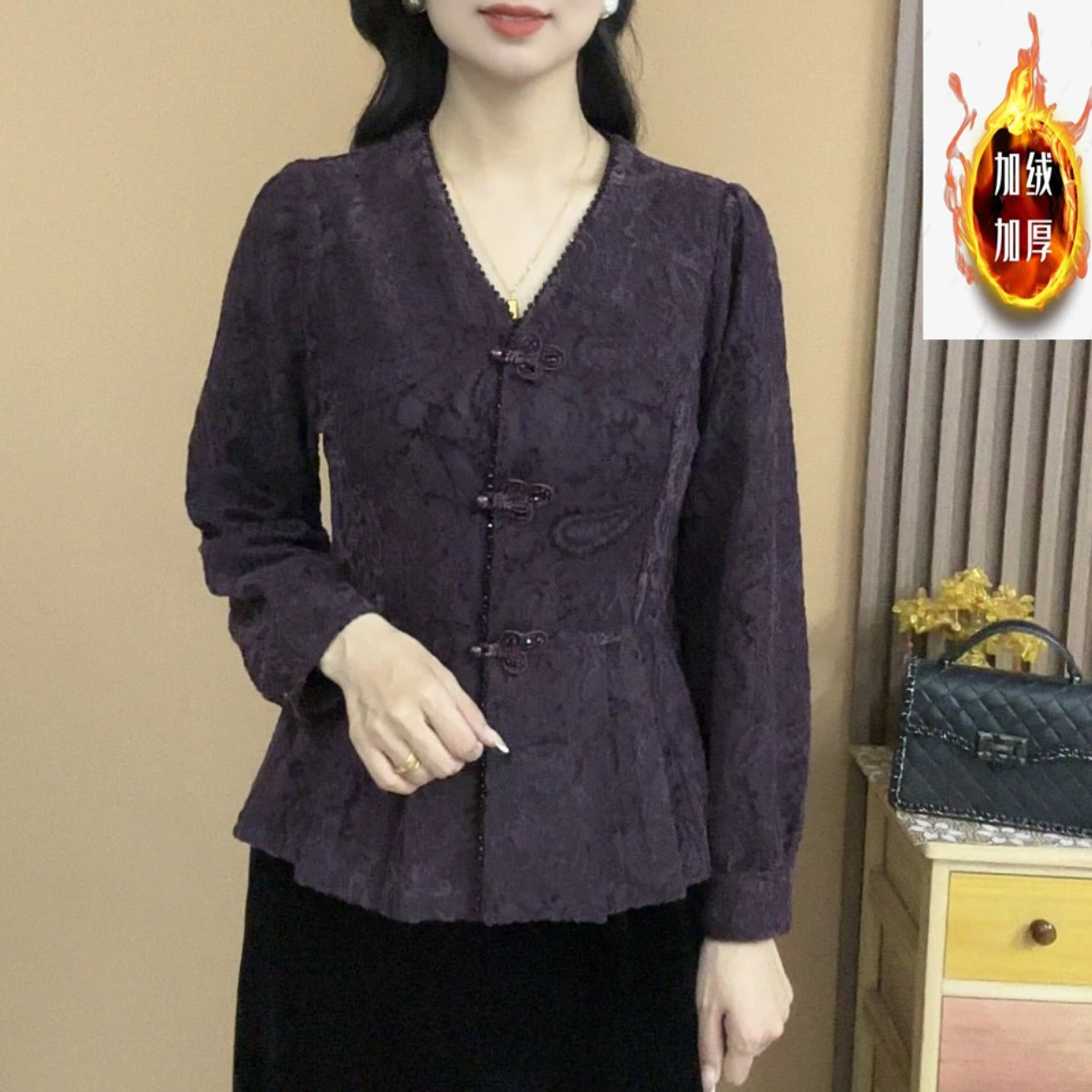 2025秋季长袖植绒蕾丝V领开衫气质百搭显瘦女人味上衣