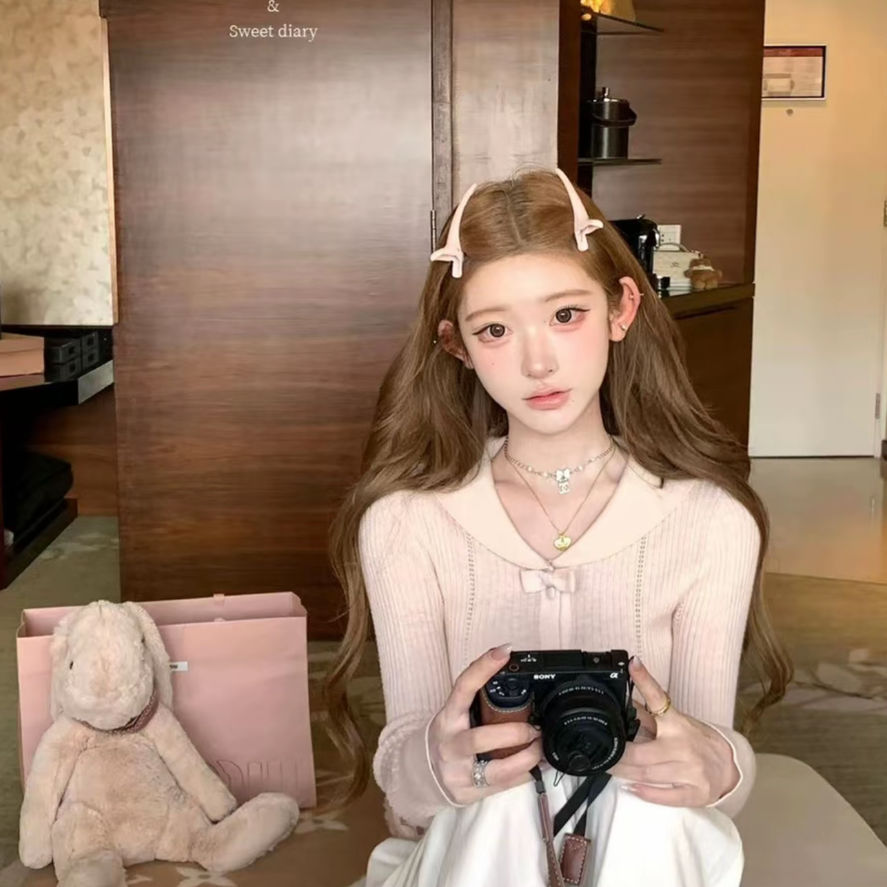 法式复古甜美温柔风裸分蝴蝶结针织翻领毛衣针织开衫少女秋冬季