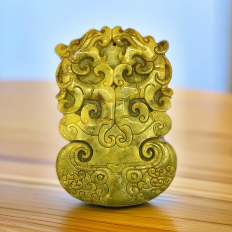 府上有龙玉佩古玩收藏手工雕刻鉴赏双龙玉斧手把件车挂吊坠玉佩