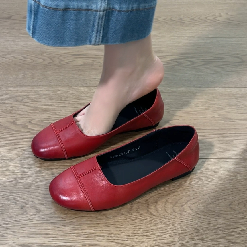 2025新款文艺复古水洗牛皮平底百搭时尚小众舒适透气浅口休闲单鞋