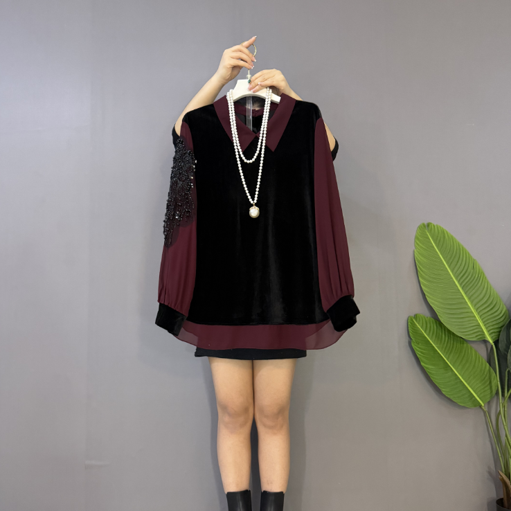 新款大码女装时尚洋气小翻领重工钉珠美背遥遮肉百搭衫