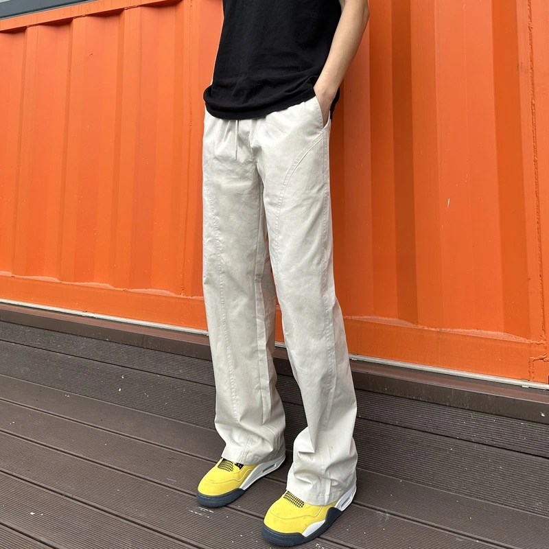 美式基础斜切百搭休闲裤男秋季显瘦显高潮流宽松直筒工装微喇长裤