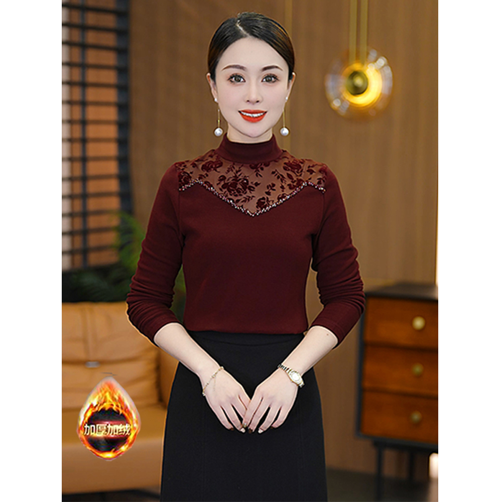 半高领蕾丝打底衫女秋冬拼接长袖上衣百搭显瘦加绒保暖洋气质内搭