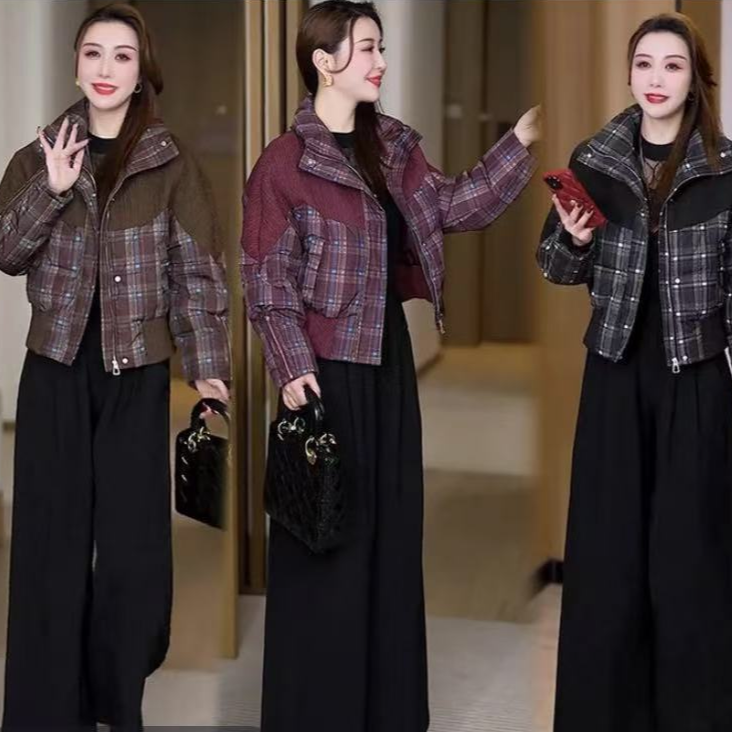 时尚格子棉衣棉服女士冬季新款洋气气质小个子短款立领棉袄外套