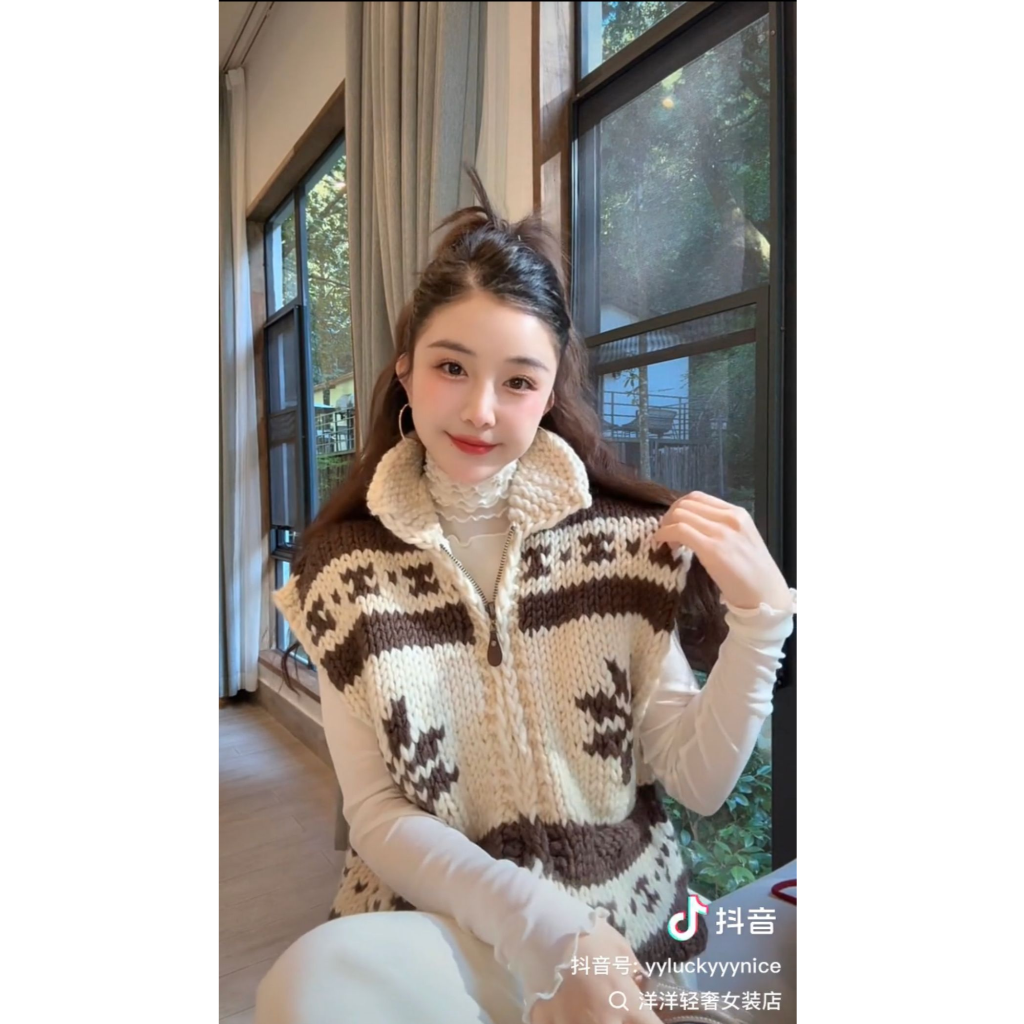 洋洋优选-秋冬新款纯手工粗棒针羊毛拉链撞色毛衣马甲外套YY72196