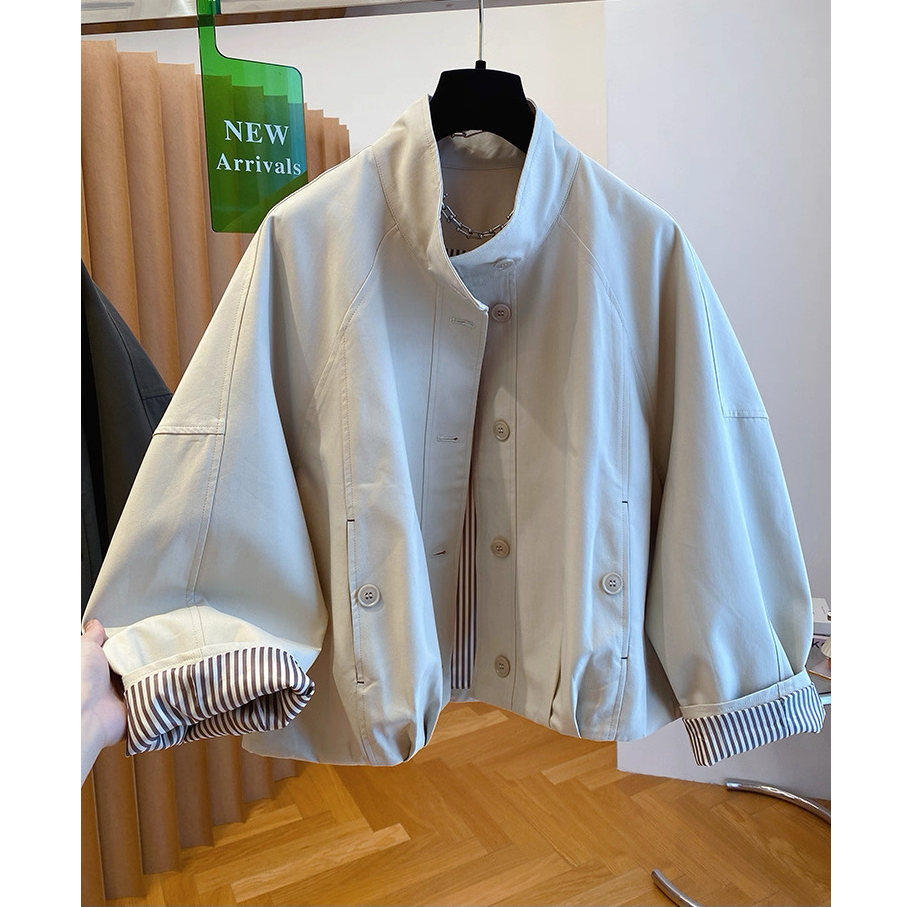 欧货英伦风立领夹克外套女2025新款宽松休闲内里条纹短款风衣上衣