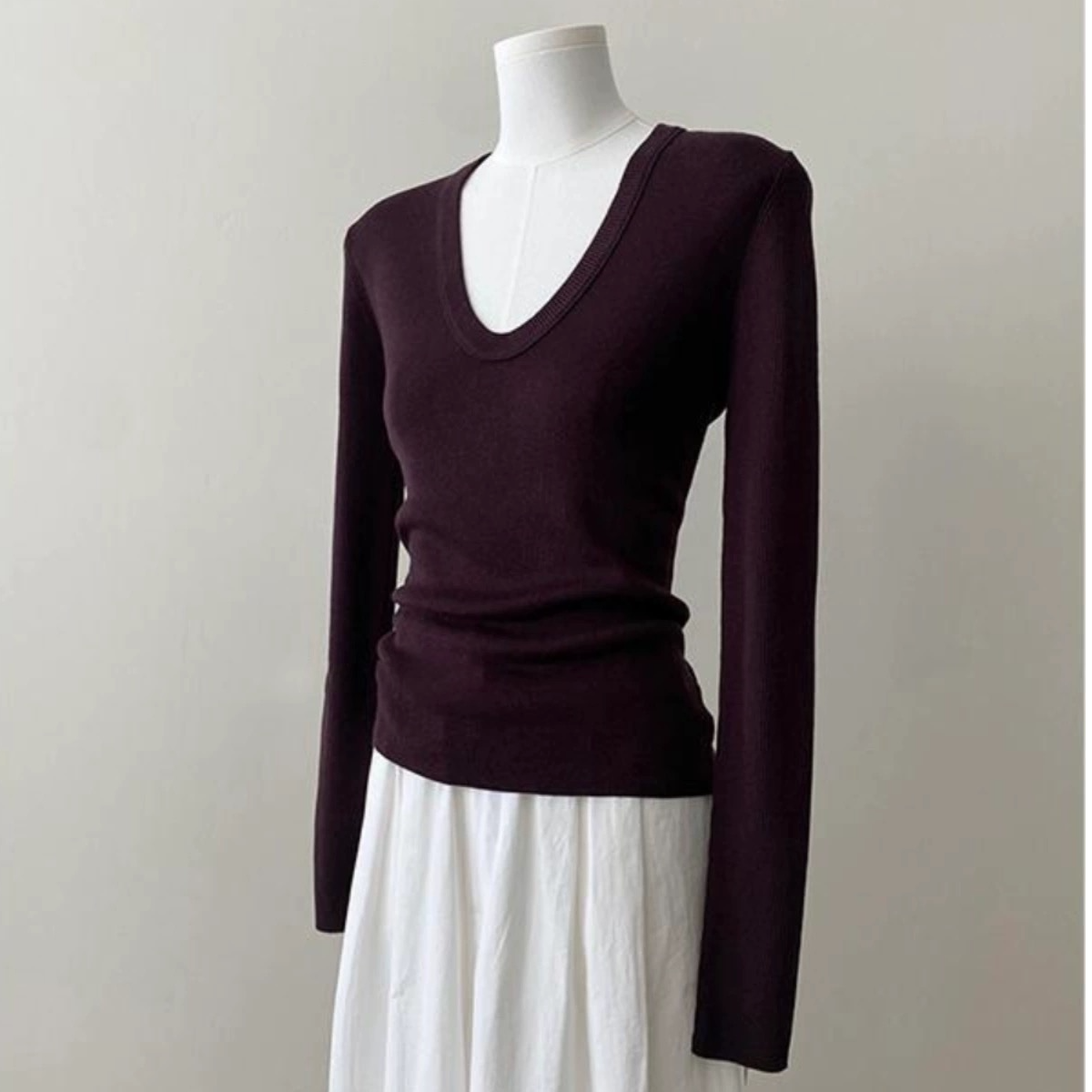 紫色u领针织正肩长袖t恤女薄款早秋季洋气独特别致修身显瘦上衣