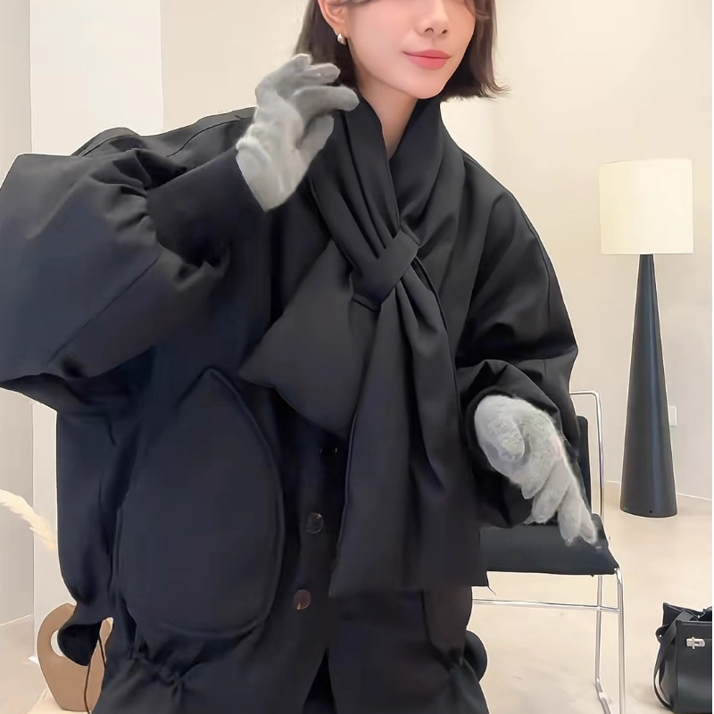 2025冬季新款韩系高级感小个子棉服外套时尚设计感带围脖棉衣棉袄